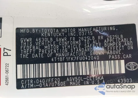 2015 Toyota Camry Se from USA, damaged, VIN 4T1BF1FK7FU042040